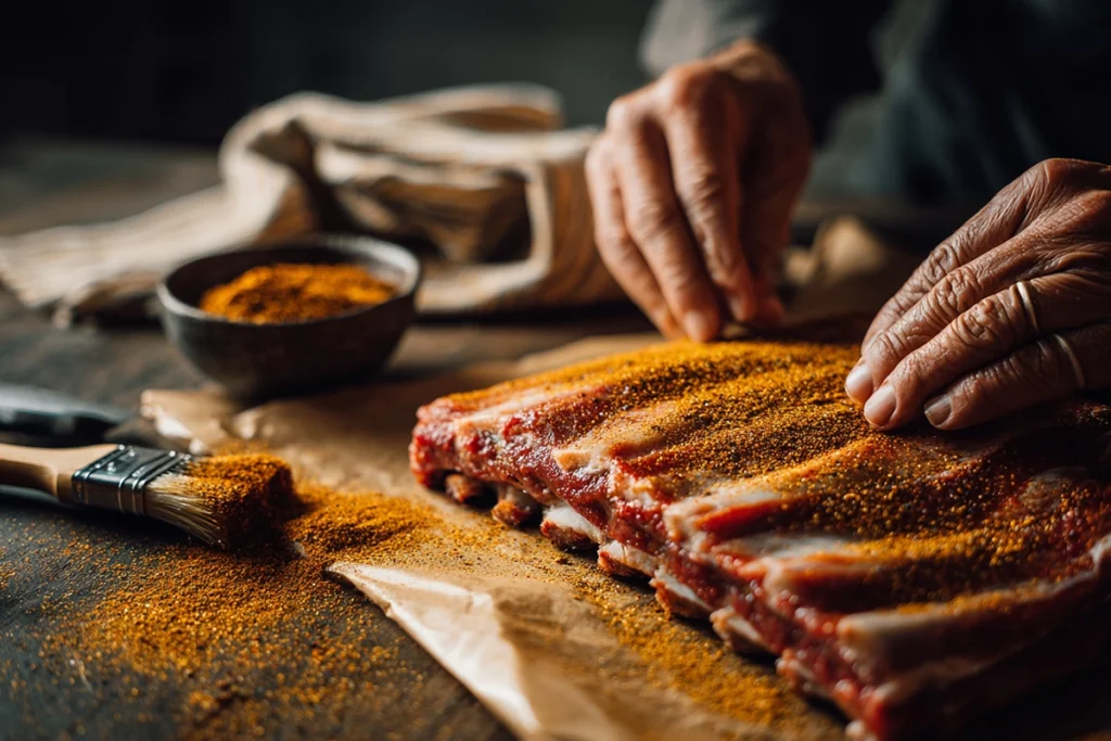 Grilled Beef Ribs Dry Rub Application