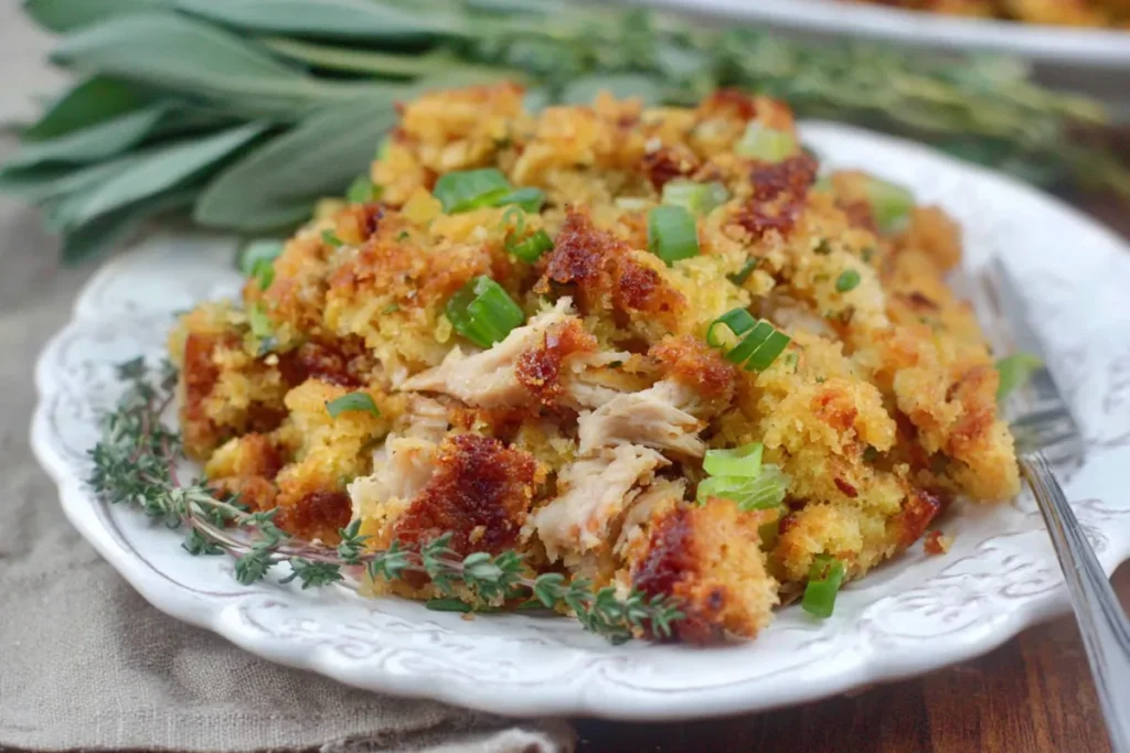 Chicken and Dressing Recipe That Feels Like a Southern Family Table 9 Baked chicken and dressing recipe served on a white plate with golden cornbread topping
