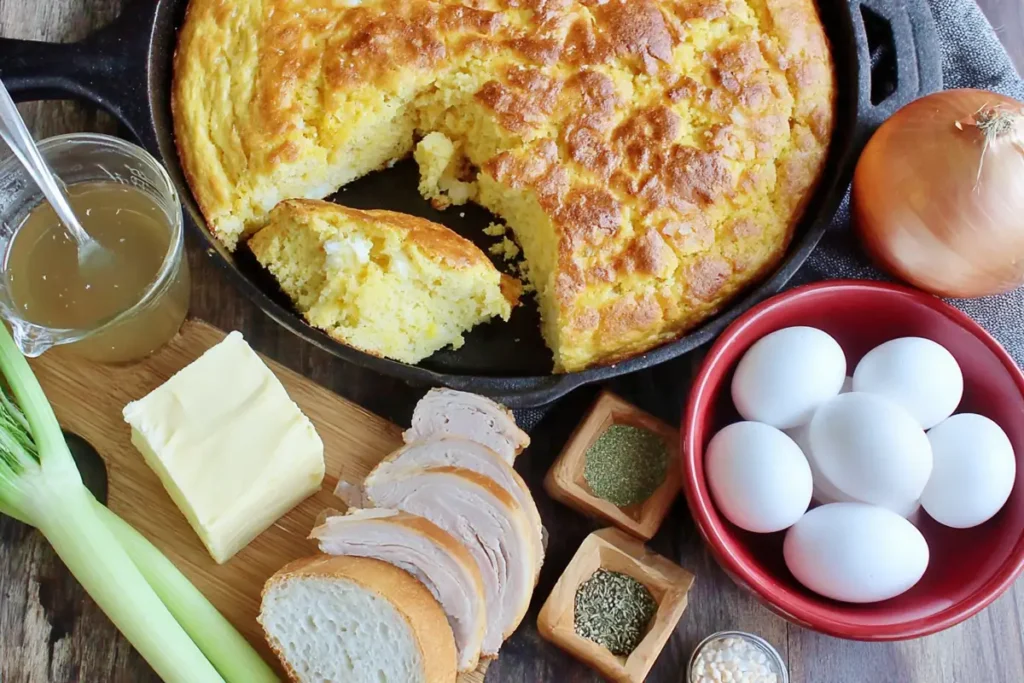 Chicken and Dressing Recipe That Feels Like a Southern Family Table 7 Chicken and dressing recipe ingredients with cornbread celery onion eggs and broth