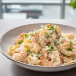 Chicken and shrimp alfredo with creamy parmesan sauce served on a modern plate