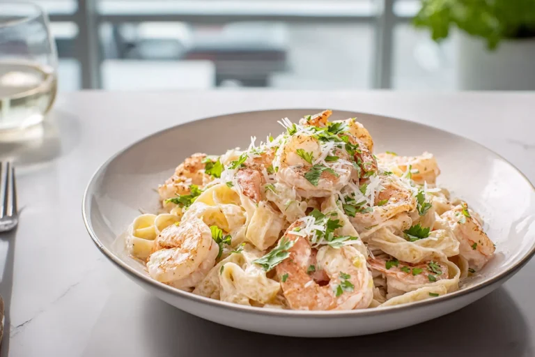 Chicken and shrimp alfredo with creamy parmesan sauce served on a modern plate