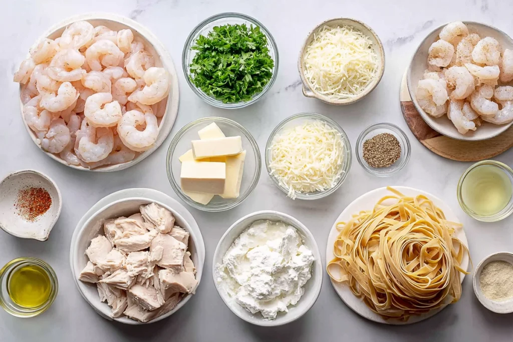 Ingredients for chicken and shrimp alfredo arranged on a kitchen counter