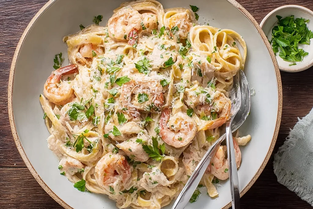 Chicken and shrimp alfredo ready to serve with creamy sauce