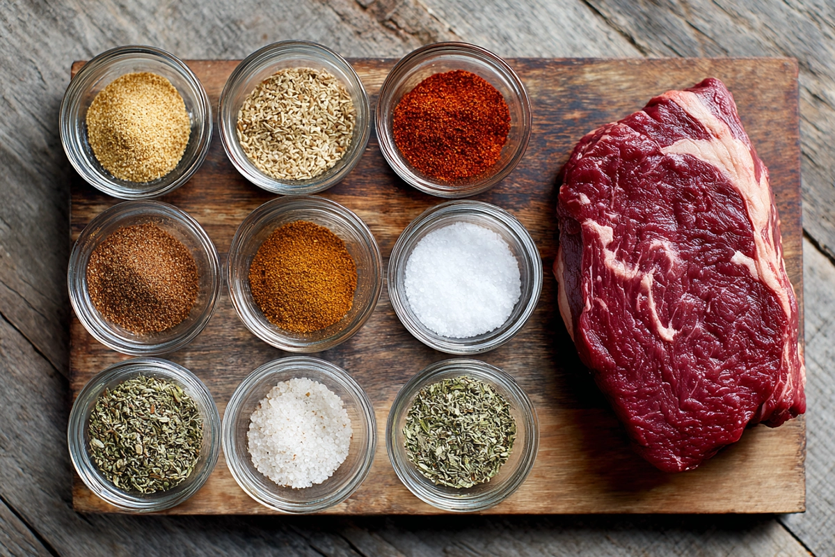 Ingredients for homemade chipotle steak seasoning arranged neatly
