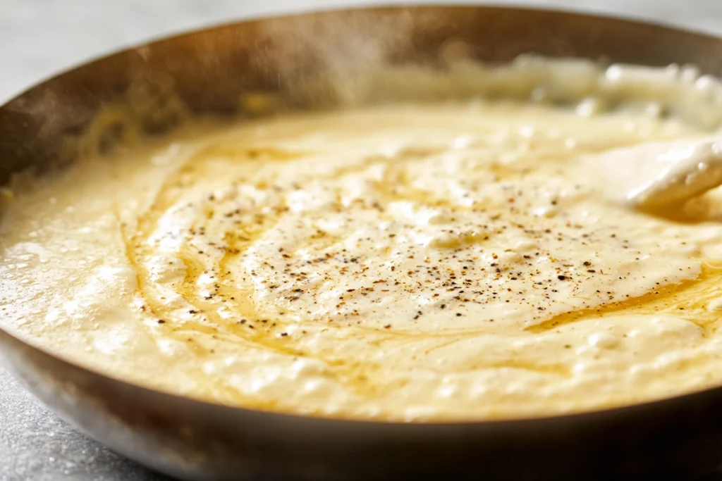 Creamy alfredo sauce cooking in a skillet for chicken and shrimp alfredo