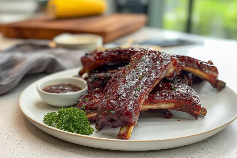 Grilled Beef Ribs: Your Ultimate Guide to Tender, Smoky Perfection 16 grilled beef ribs glazed with BBQ sauce on white plate in modern kitchen