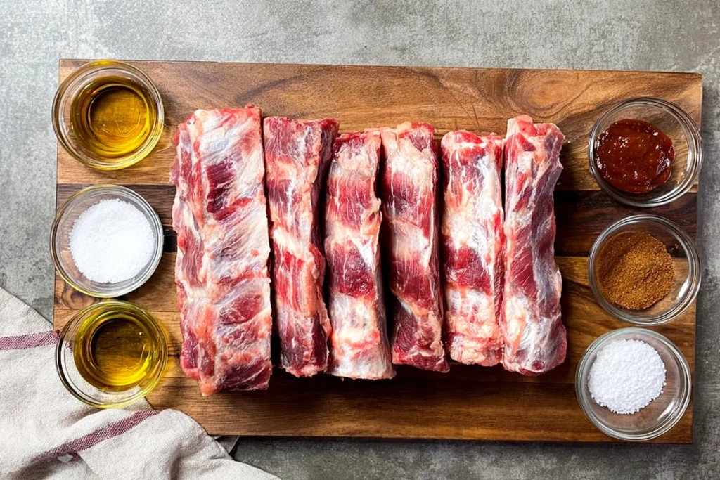 overhead shot of ingredients for grilled beef ribs including spices and beef ribs on cutting board