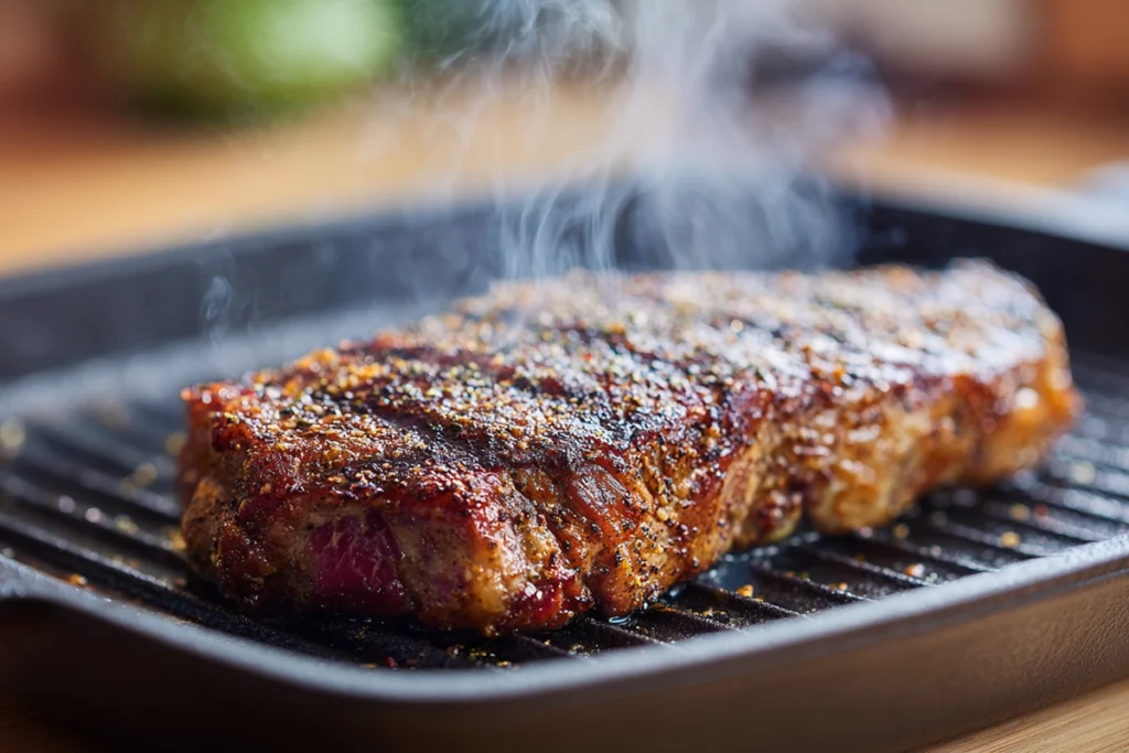Chipotle steak seasoning forming a smoky crust while grilling