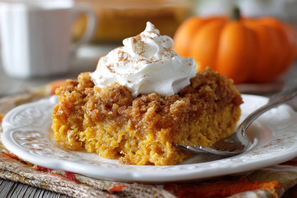 5-Ingredient Easy Pumpkin Dump Cake – Made with Cake Mix & Pumpkin Puree 5 pumpkin dump cake Served Slice