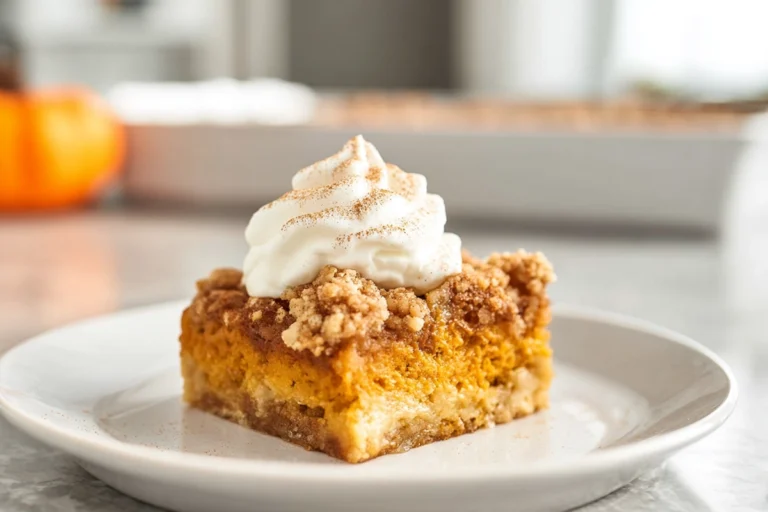 hero image of pumpkin dump cake recipe served on a modern plate with warm fall flavors