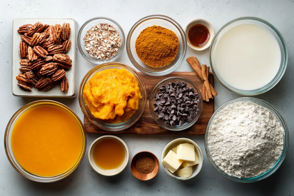overhead photo of Easy Pumpkin Dessert ingredients arranged neatly for the recipe