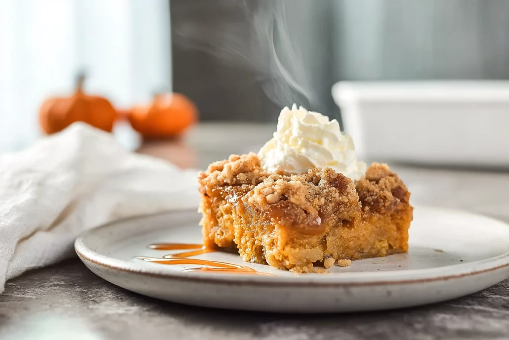serving of pumpkin dump cake showing crumb topping and warm fall flavors