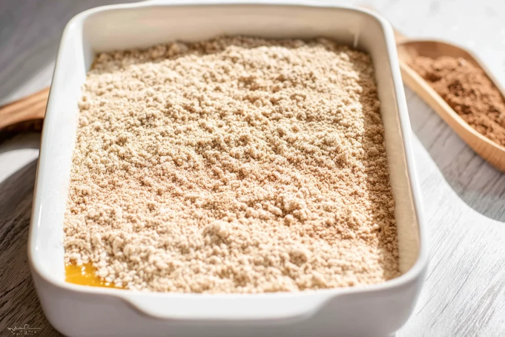 pumpkin dump cake step where dry spice cake mix is sprinkled evenly over pumpkin layer