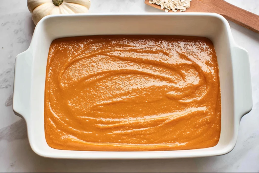 pumpkin dump cake step showing smooth pumpkin mixture spread evenly in baking dish