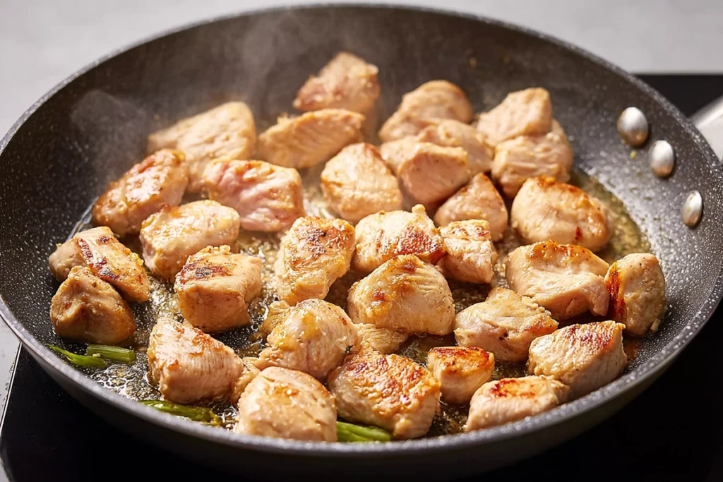 Chicken pieces searing in a skillet for chicken and shrimp alfredo