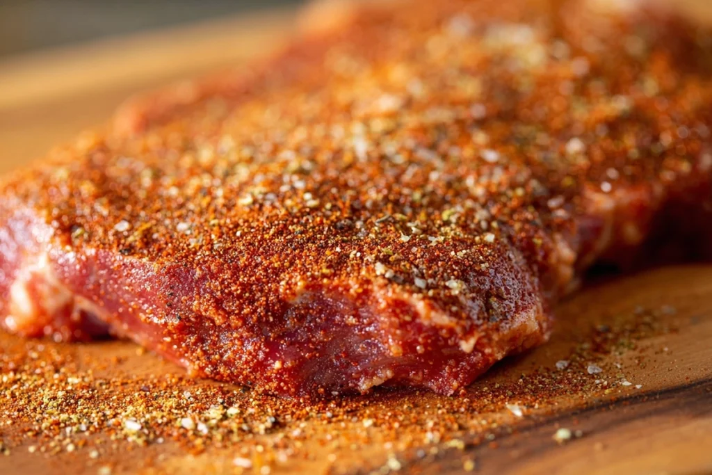 Applying chipotle steak seasoning evenly to raw steak