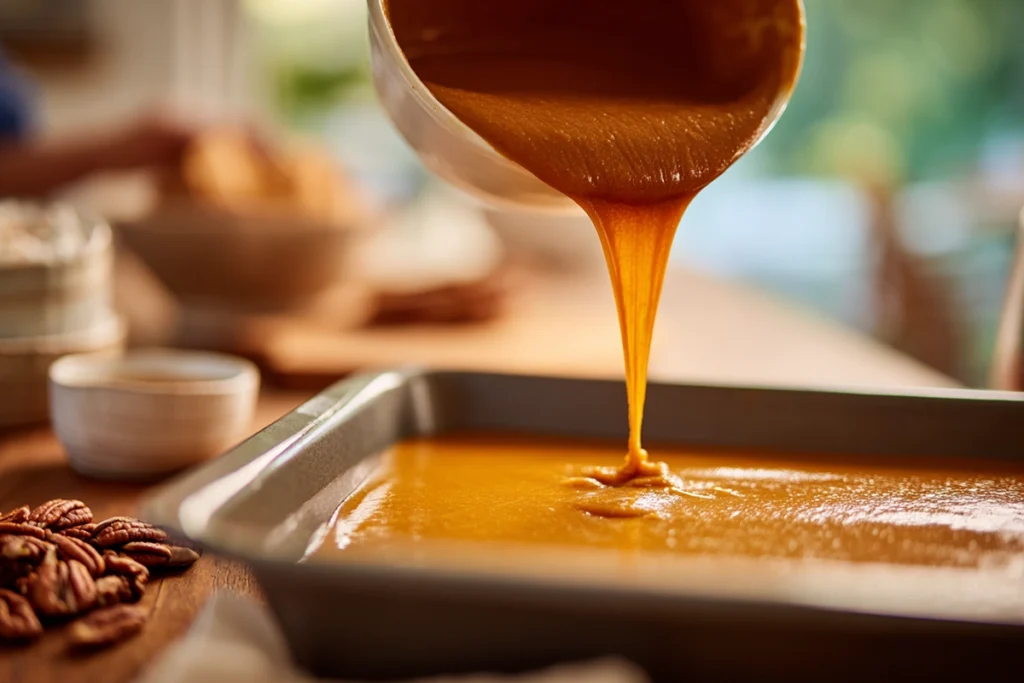 Easy Pumpkin Dump Cake Recipe – Pouring Pumpkin Mixture