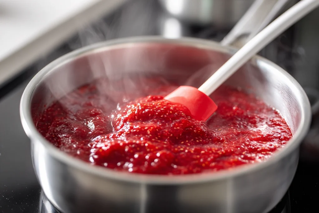 Fresh strawberry puree being prepared for white chocolate strawberry cupcakes