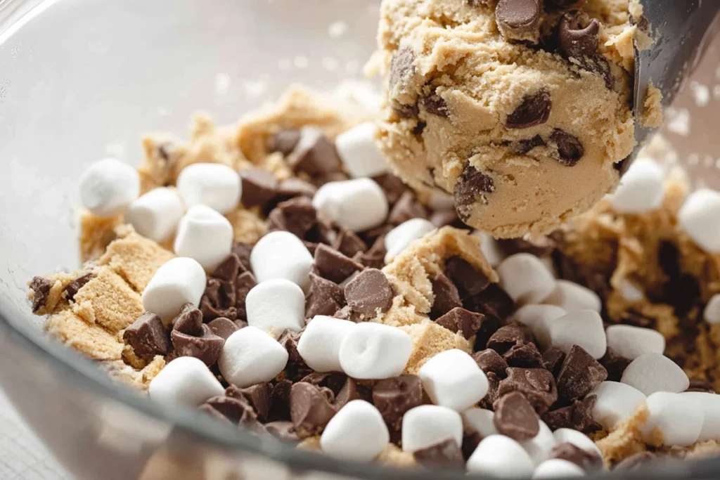 folding marshmallows and chocolate into s’mores cookie dough