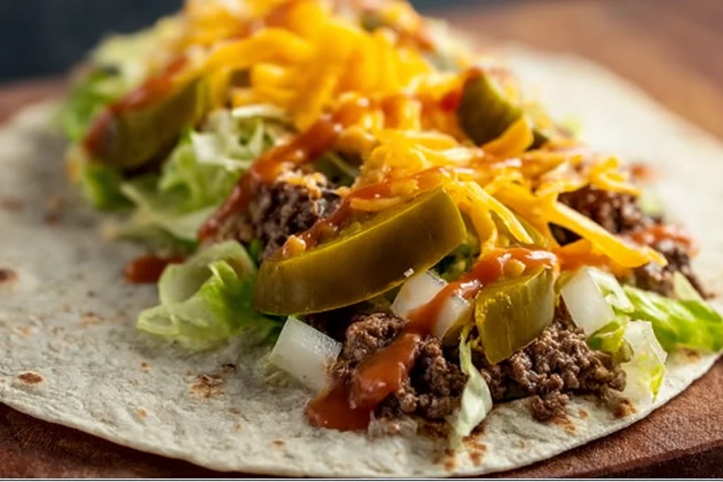 assembling homemade big mac wrap with lettuce beef cheese onions pickles and sauce