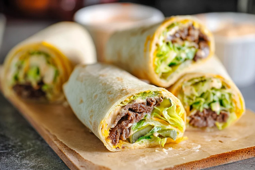 final serving image of homemade big mac wrap with special sauce