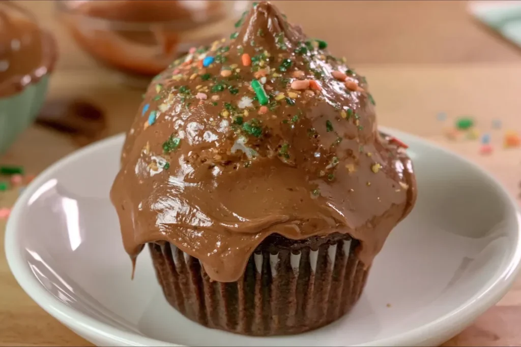 Marshmallow Fluff Cupcakes with a Chocolate Shell 8 Chocolate dipped Marshmallow Fluff Cupcakes with sprinkles