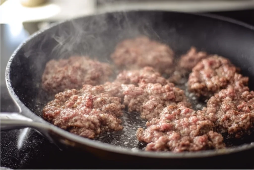 cooking ground beef for homemade big mac wrap in modern kitchen