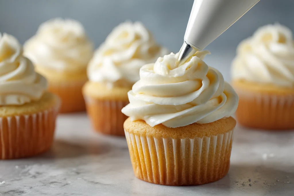 White chocolate frosting being piped onto strawberry cupcakes