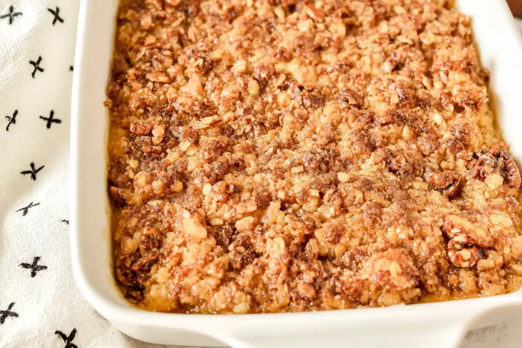 Easy Pumpkin Dump Cake Recipe That Brings Pumpkin Pie and Cake Together 9 Easy Pumpkin Dump Cake Recipe golden nut topping in a white baking dish