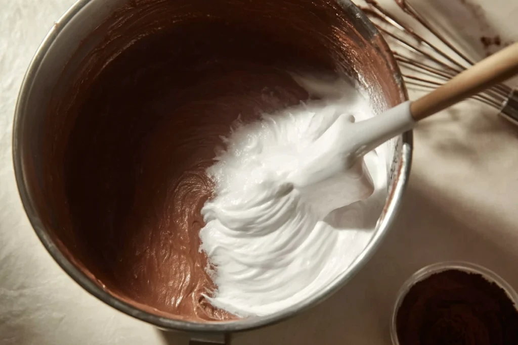 Chocolate cupcake batter being mixed for marshmallow fluff cupcakes
