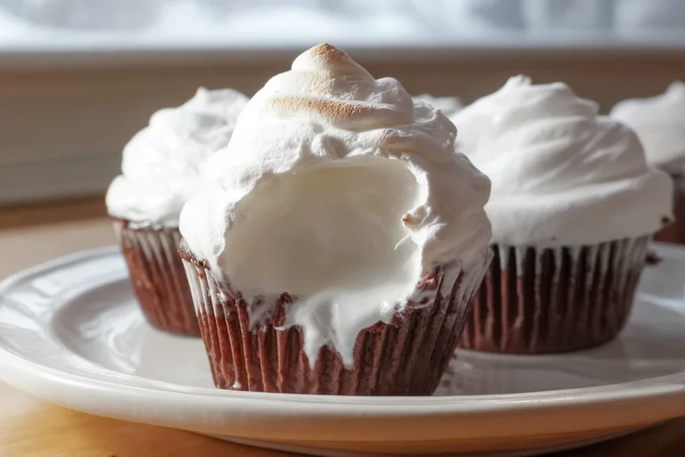 Marshmallow fluff cupcakes with toasted marshmallow frosting on a modern plate