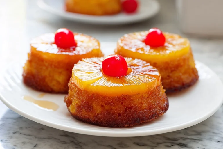 mini pineapple upside down cakes with caramelized pineapple and cherry topping
