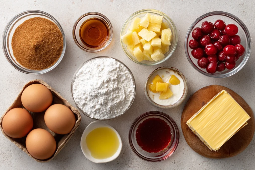 ingredients for mini pineapple upside down cakes arranged neatly