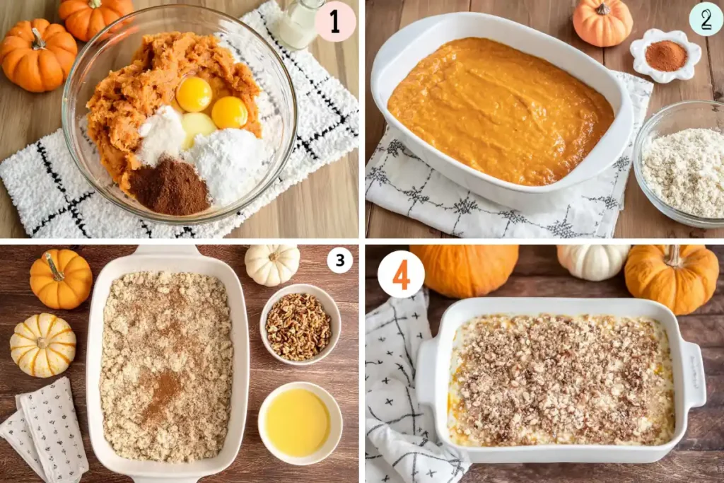 Easy Pumpkin Dump Cake Recipe That Brings Pumpkin Pie and Cake Together 8 Easy Pumpkin Dump Cake Recipe step by step layering process