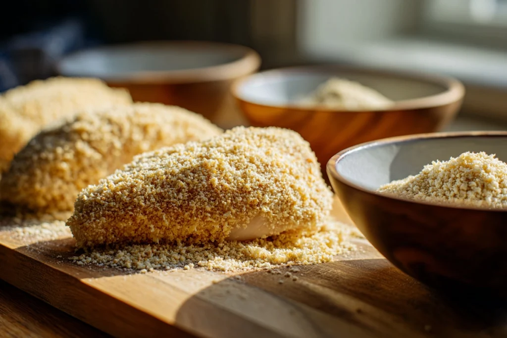 Chicken coated in panko for Savory Cheesy Dynamite Chicken Buns before frying