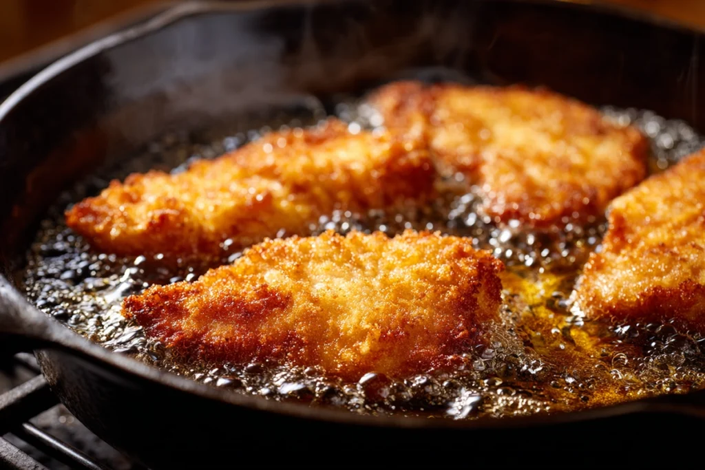 Crispy chicken frying for Savory Cheesy Dynamite Chicken Buns in a home kitchen skillet