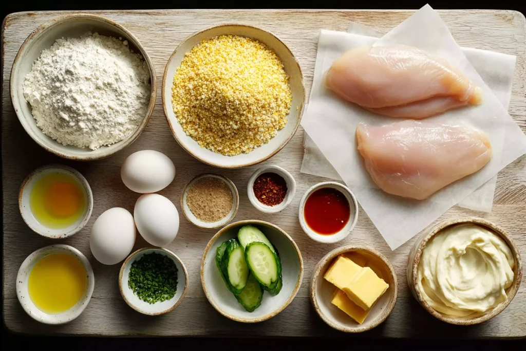Ingredients laid out for Savory Cheesy Dynamite Chicken Buns on a wooden kitchen counter