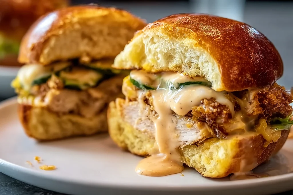 Cut open Savory Cheesy Dynamite Chicken Buns showing crispy chicken and creamy sauce