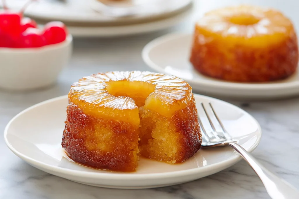 serving mini pineapple upside down cakes with caramelized topping