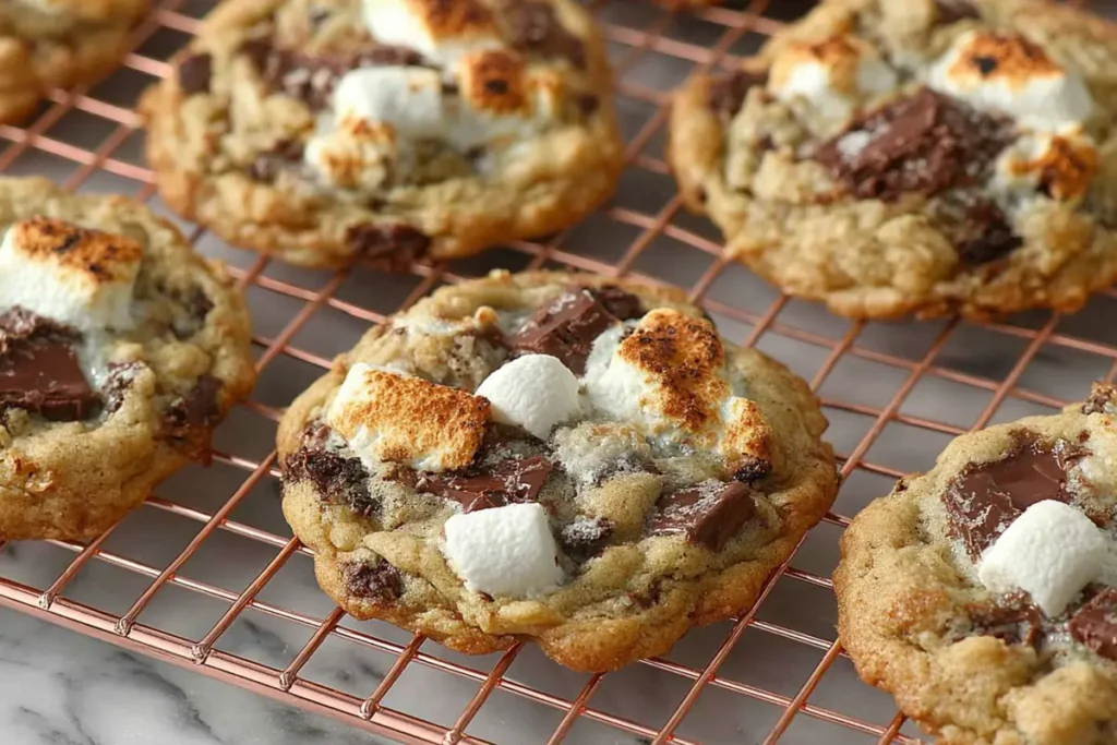 Fresh baked s'mores cookies cooling on a wire rack