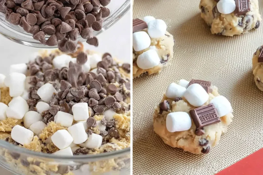 S'mores cookies dough balls topped with marshmallows and chocolate