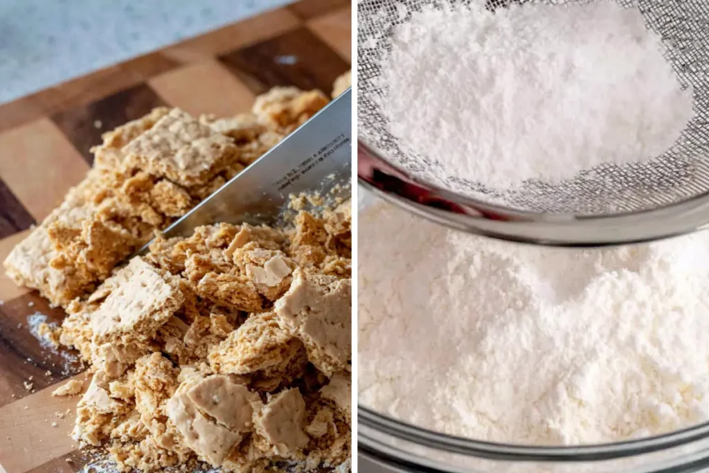 S'mores cookies prep with chopped graham crackers and dry ingredients