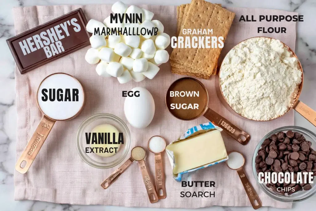 S'mores cookies ingredients with graham crackers marshmallows and chocolate