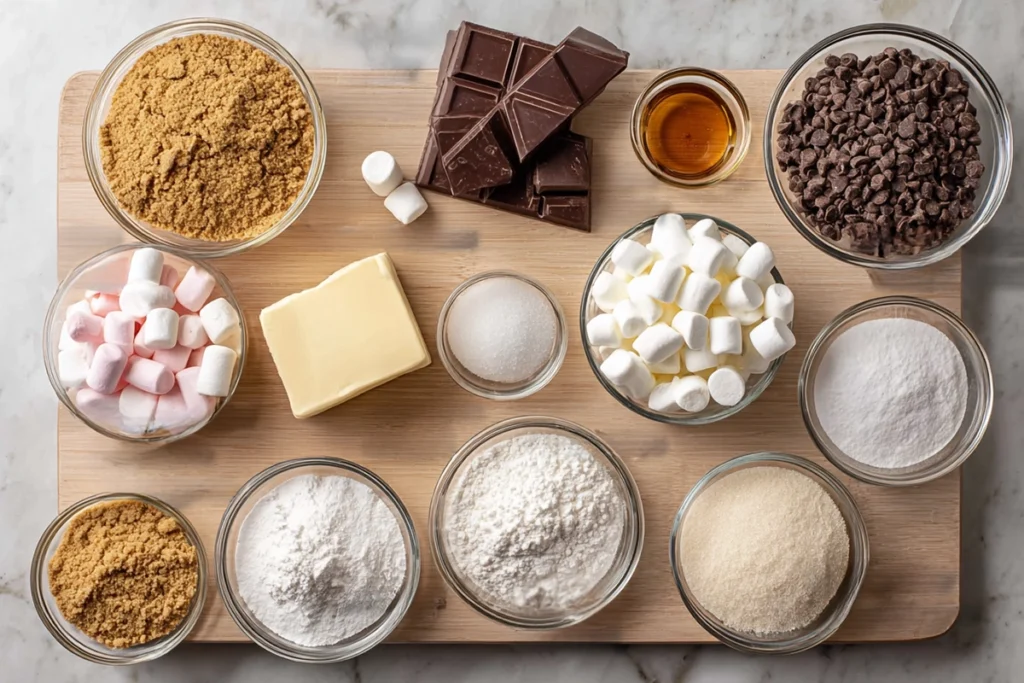 ingredients for making s’mores cookies arranged on a kitchen counter
