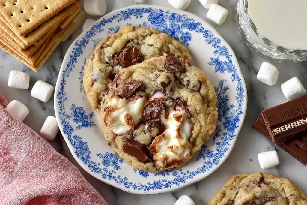 S'mores cookies served on a plate with milk and graham crackers