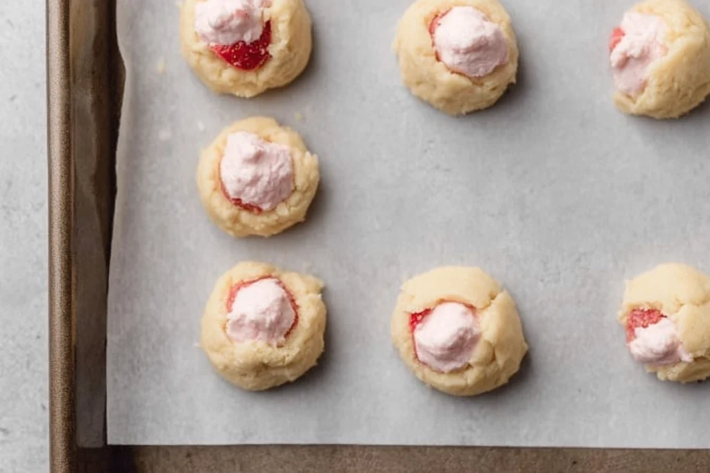 Strawberry Cheesecake Cookies cooling on a baking sheet after baking