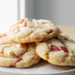 Strawberry Cheesecake Cookies served on a ceramic plate in a cozy home kitchen