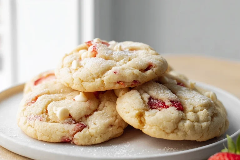 Strawberry Cheesecake Cookies served on a ceramic plate in a cozy home kitchen