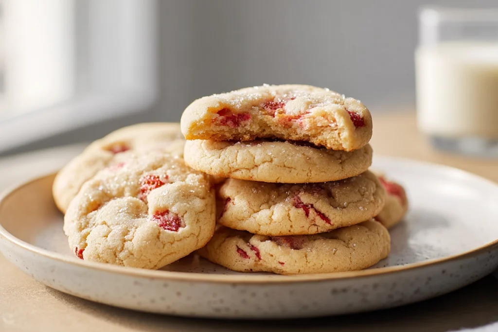 Strawberry Cheesecake Cookies broken open showing creamy cheesecake filling