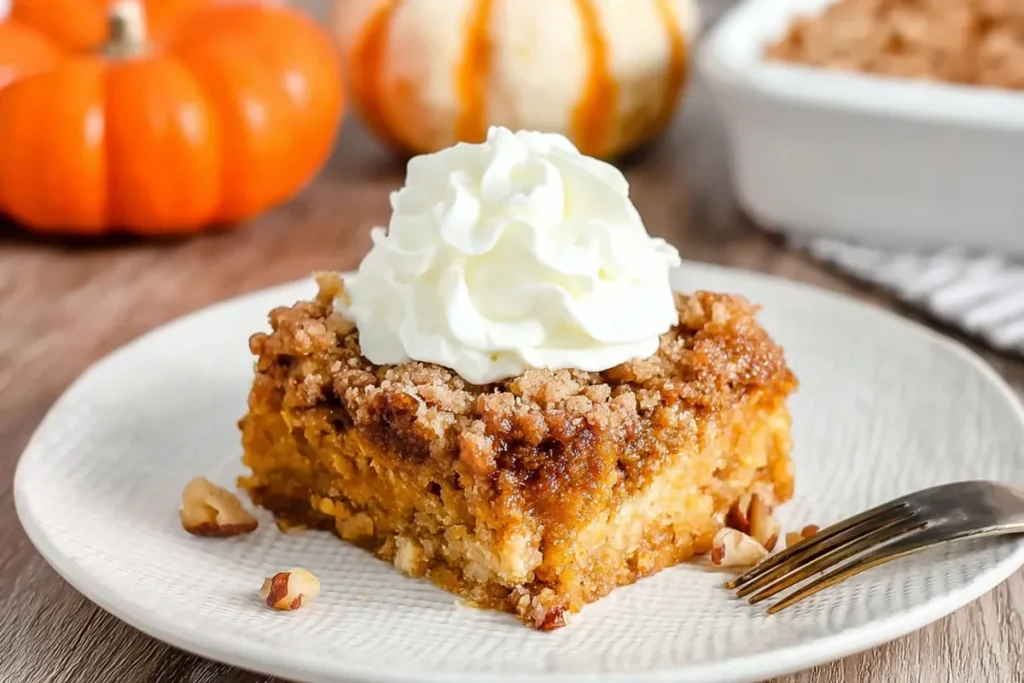 Easy Pumpkin Dump Cake Recipe That Brings Pumpkin Pie and Cake Together 10 Easy Pumpkin Dump Cake Recipe served warm with whipped cream